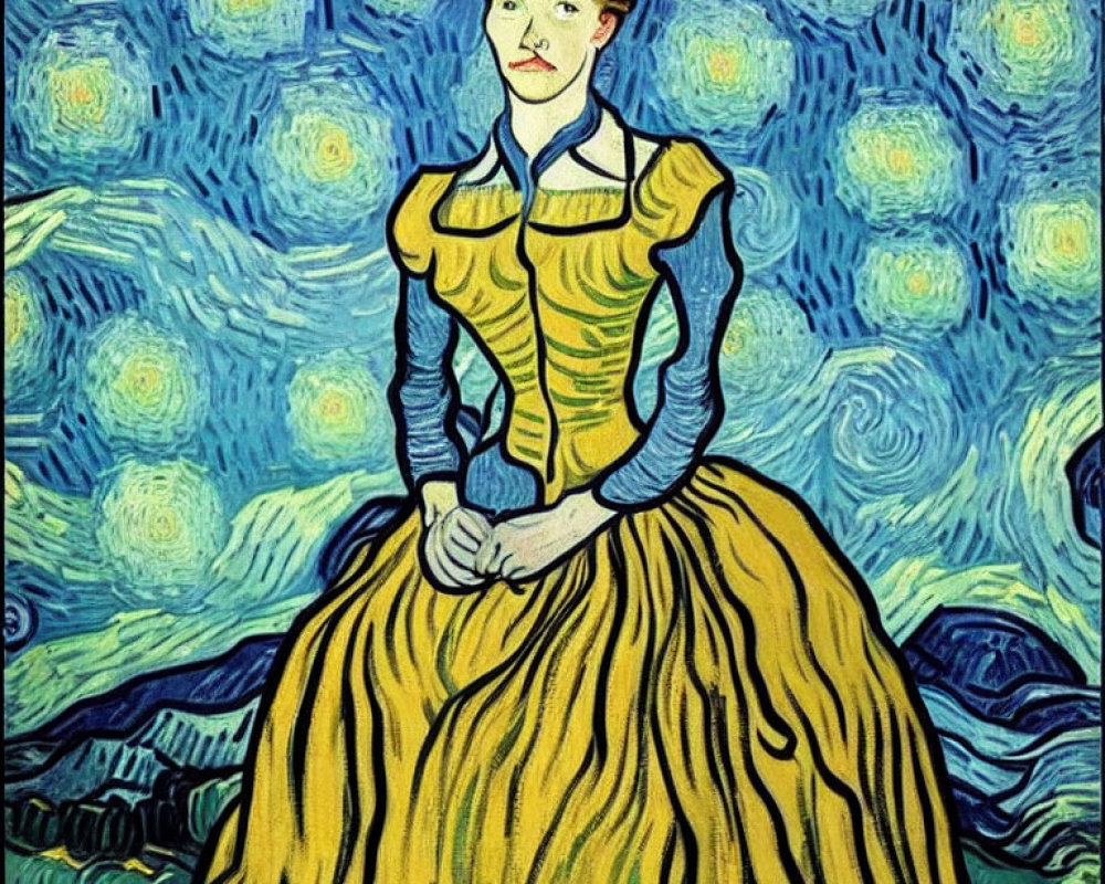 Illustrated portrait of a woman in yellow dress on blue background in swirling style