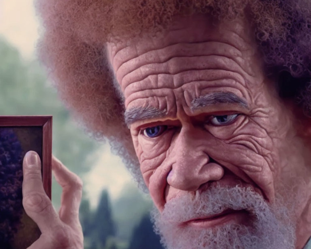 Elderly man with afro examining picture in nature setting