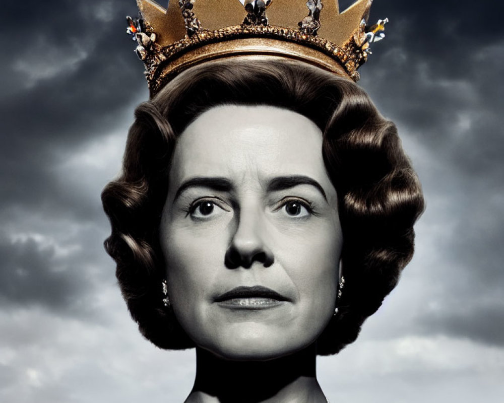 Woman portrait with stylized crown against cloudy sky.