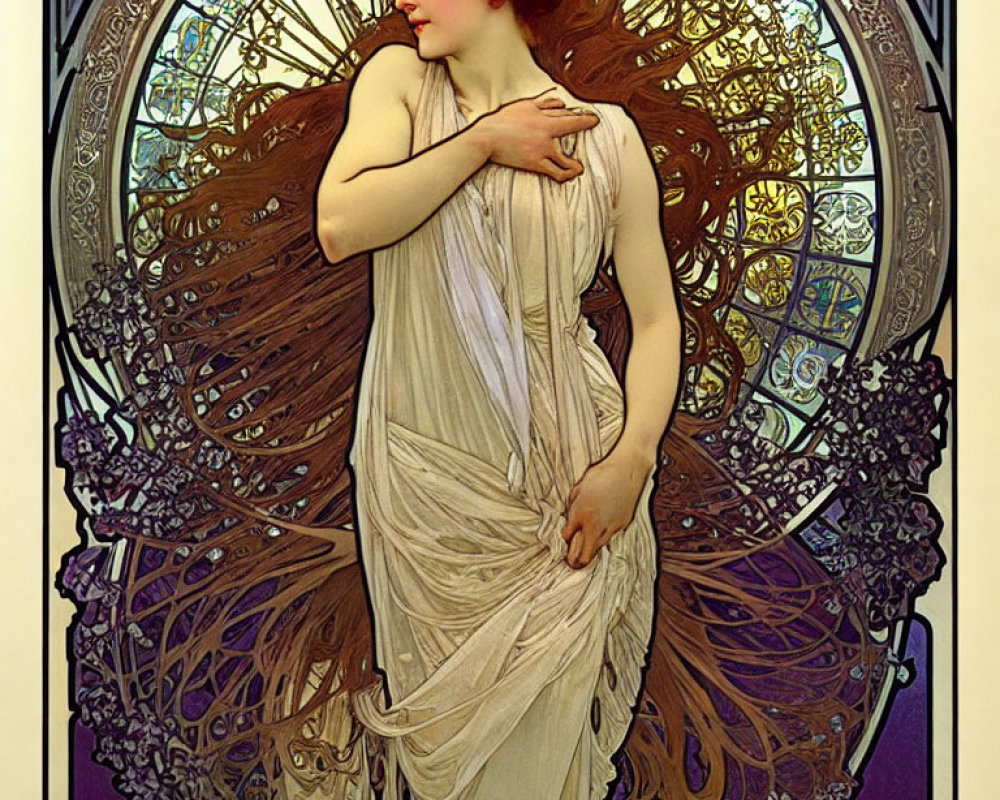 Stylized illustration of a woman with flowing hair and Art Nouveau aesthetic