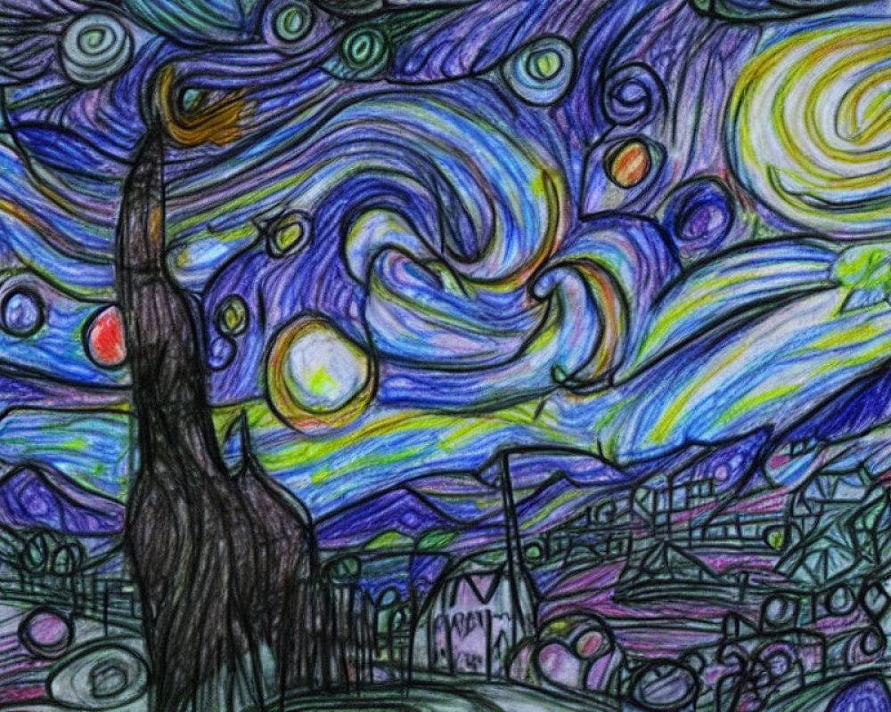 Colorful drawing inspired by swirling skies and a cypress tree