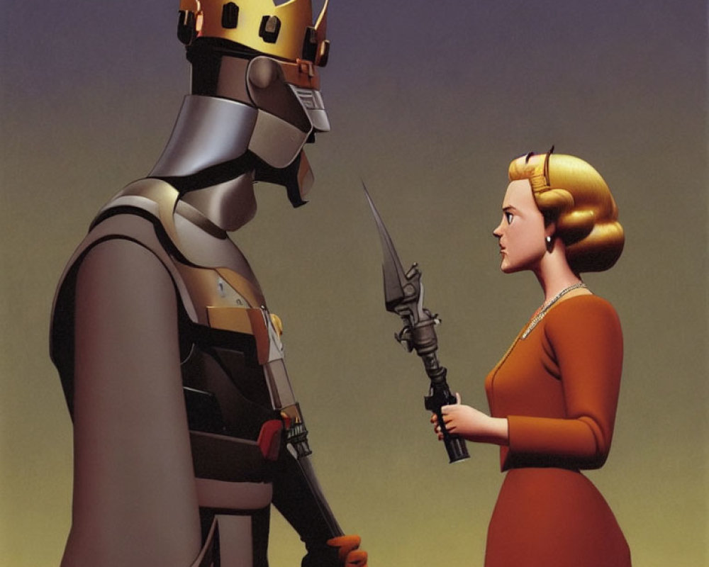 Stylized animated image of knight in armor and princess with sword