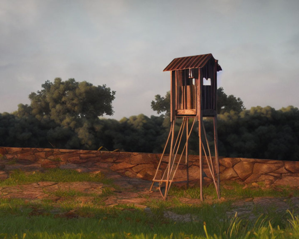 Wooden watchtower on stilts near stone wall in lush greenery