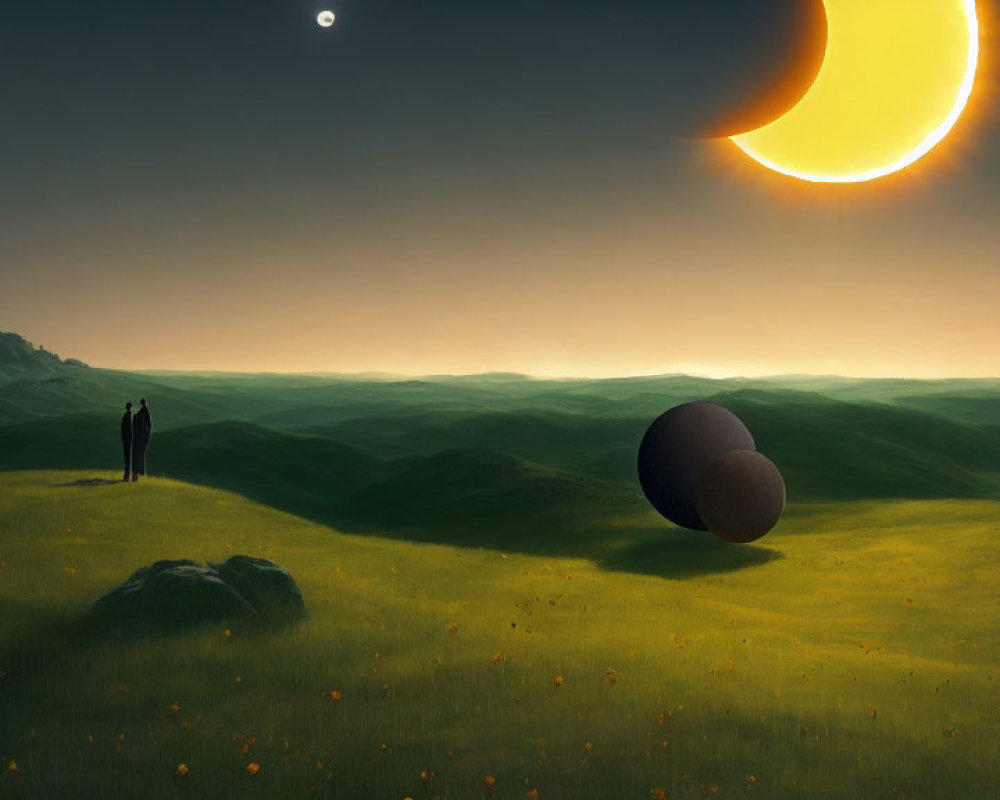 Figure on grassy hill under surreal sky with partial eclipse and mysterious sphere