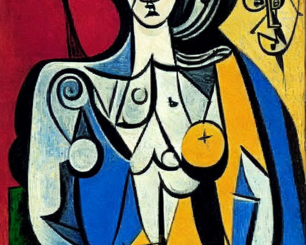 Cubist painting of female figure with geometric shapes and vibrant colors