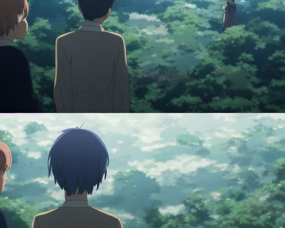 Anime scenes: Boy gazes at girl in forest, boy viewed from behind.