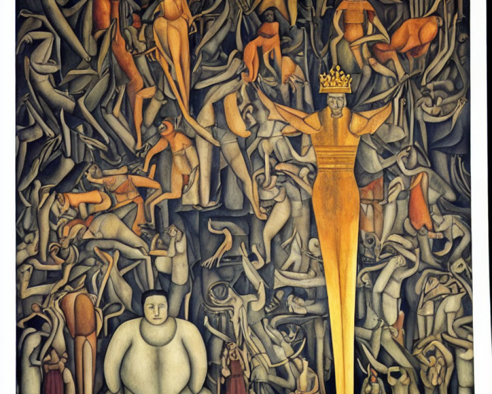 Stylized painting of human figures with tall crowned figure