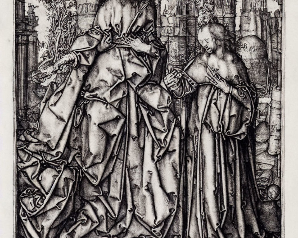 Detailed Black and White Engraving of Two Bearded Figures in Robes