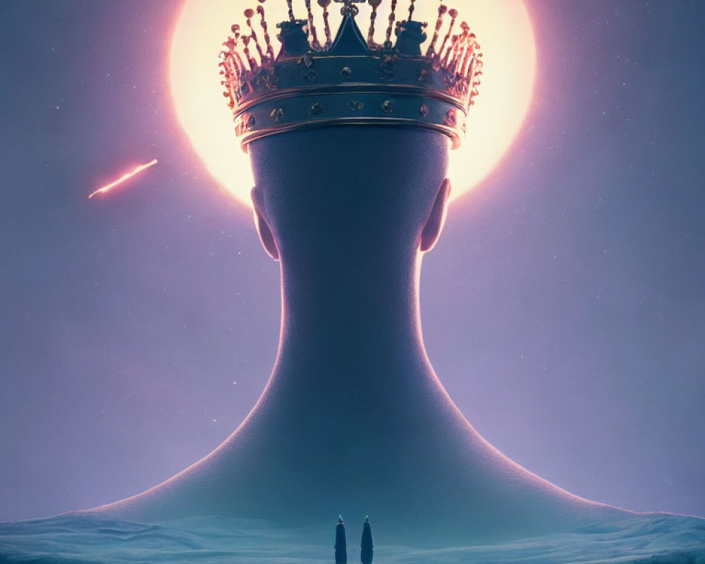 Silhouette of head with glowing crown and chess pieces, sun, comet, and figures on ledge