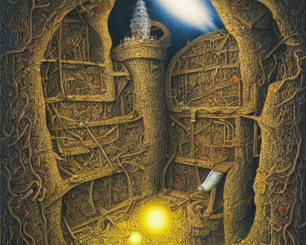 Fantastical artwork of labyrinthine tree with glowing orb, tower, crescent moon.