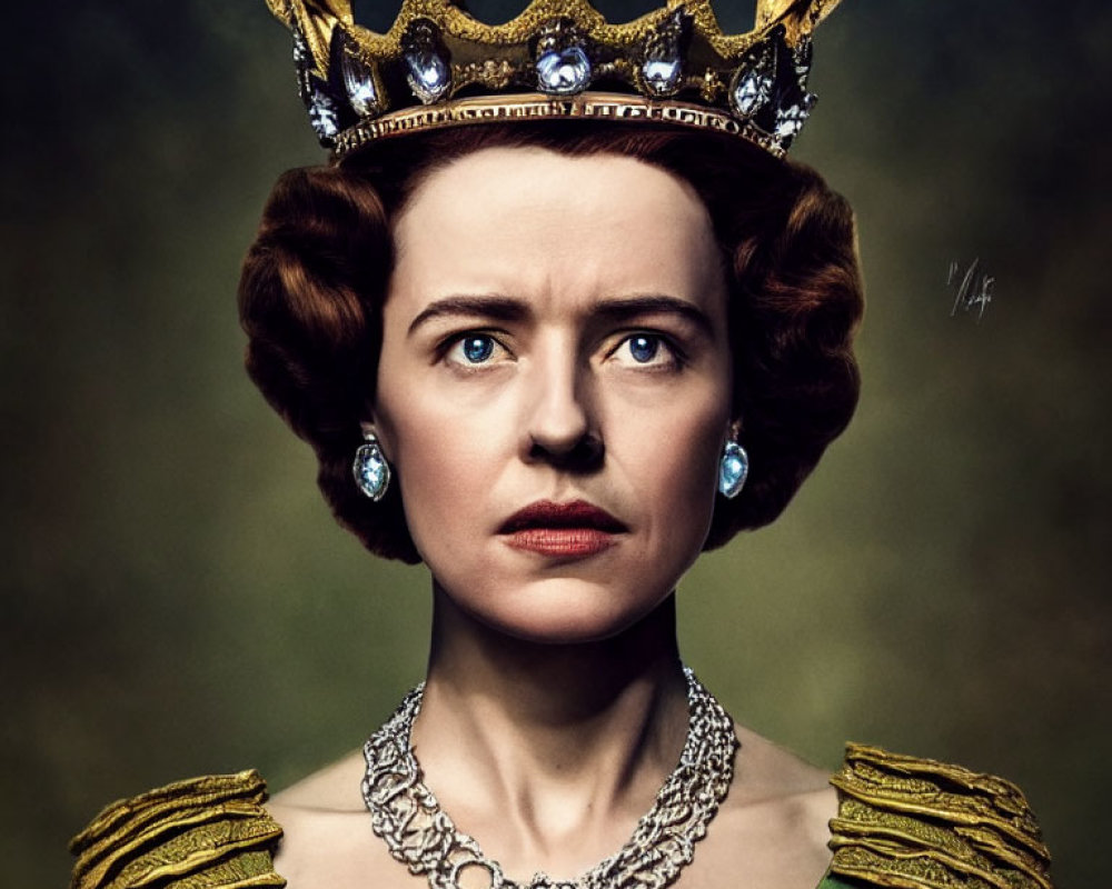 Regal woman in crown and formal attire gazing forward