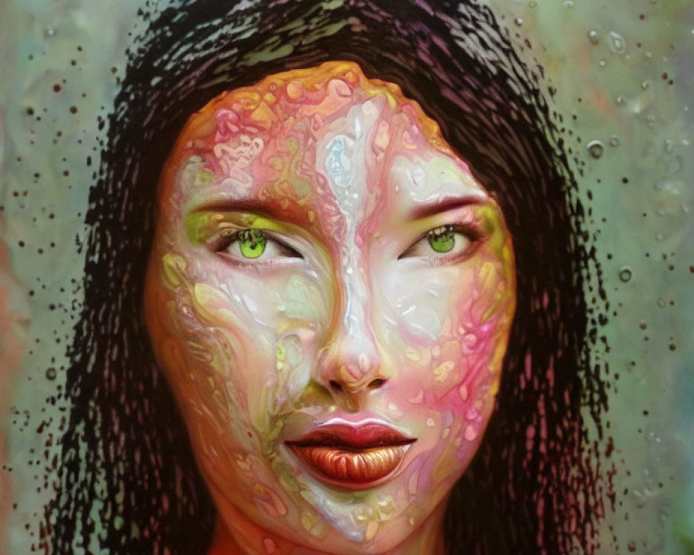 Multicolored surreal portrait of a woman with liquid-like skin and green eyes