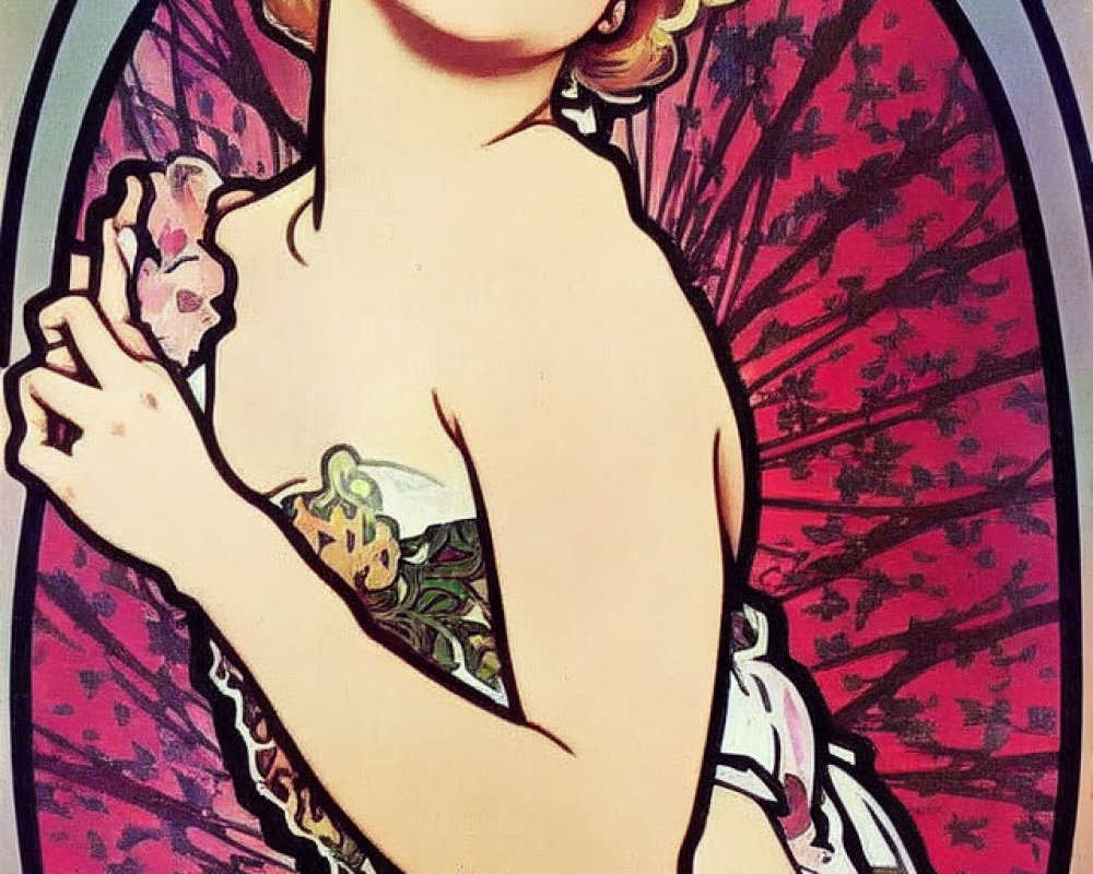 Art Deco Style Blonde Woman in Floral Dress Illustration