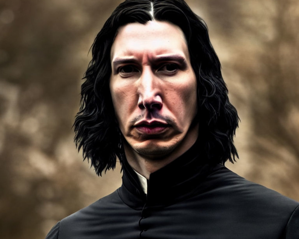 Digital artwork of a man with long, dark hair and high-collared black shirt