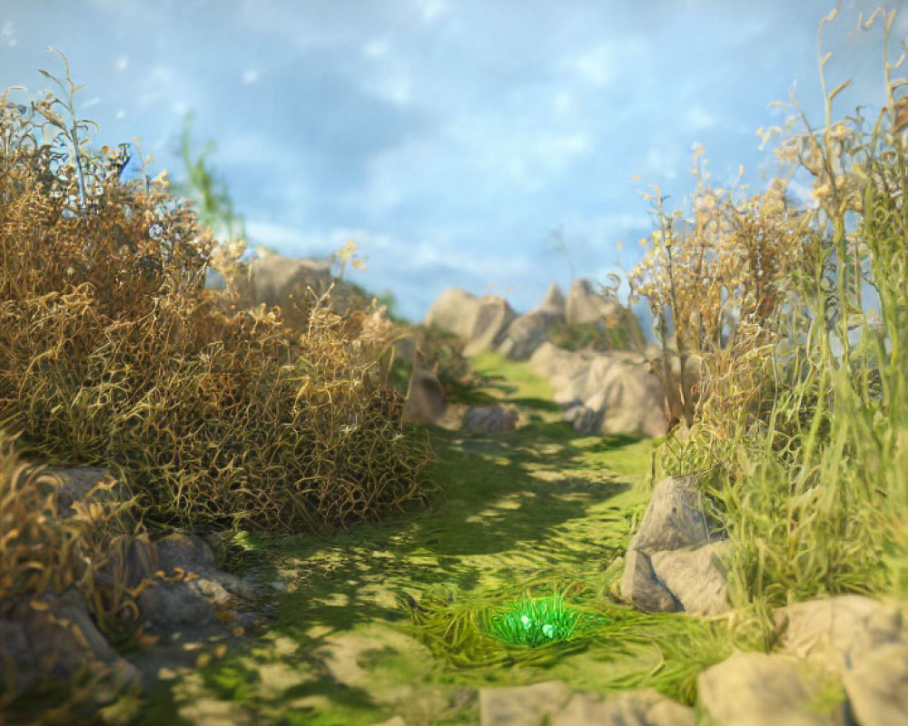 Tranquil nature scene: grassy path, rocks, wild shrubbery, cloudy sky