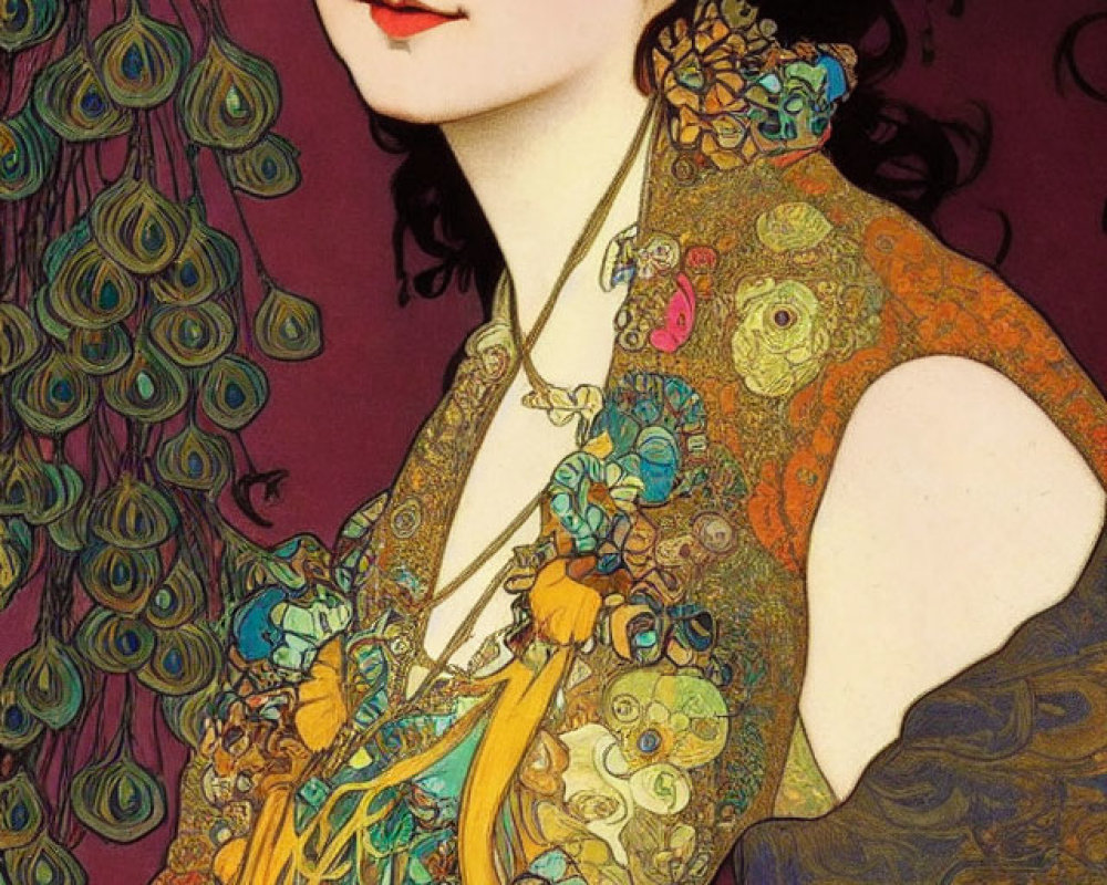 Dark-haired woman in floral hairpiece, wearing peacock feather patterned dress in Art Nouveau style