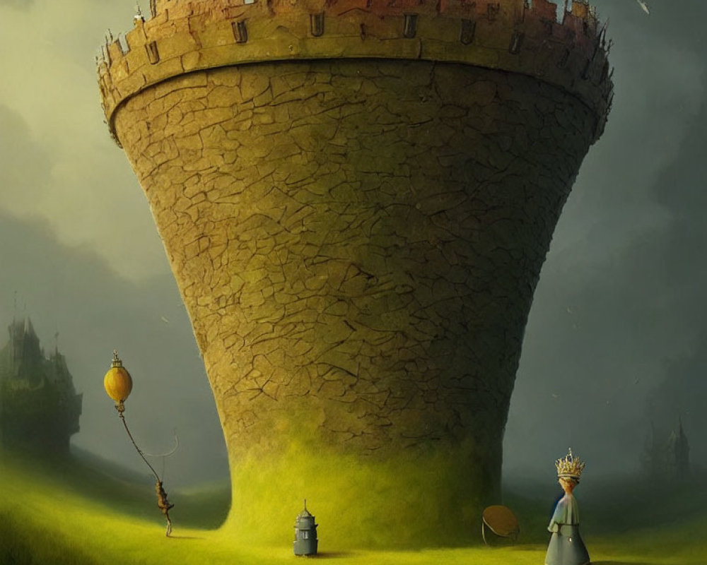 Surreal fairytale landscape with cone-shaped castle, princess, knight, and balloon