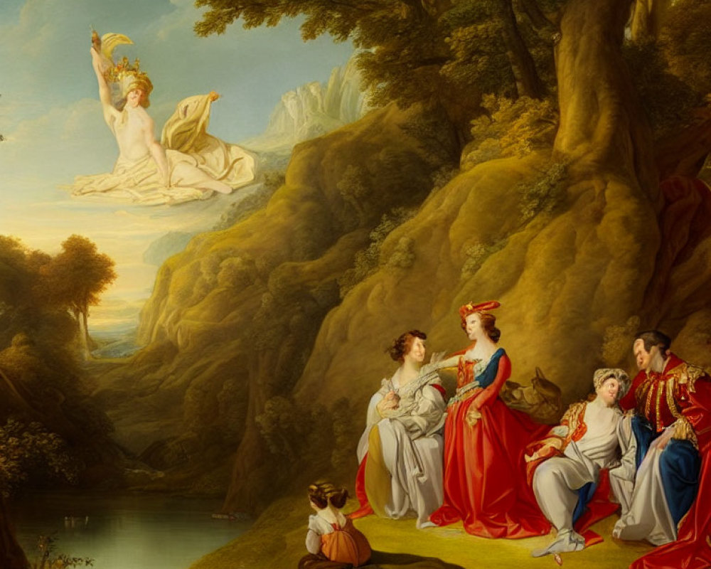 Elegant figures conversing by lakeside with mythical being in serene landscape