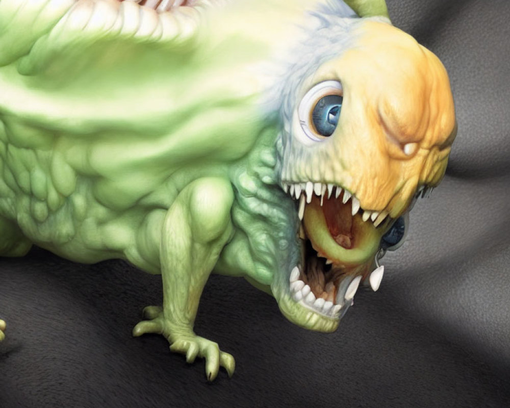 Detailed Illustration of Green Reptilian Creature with Sharp Teeth and Blue Eyes