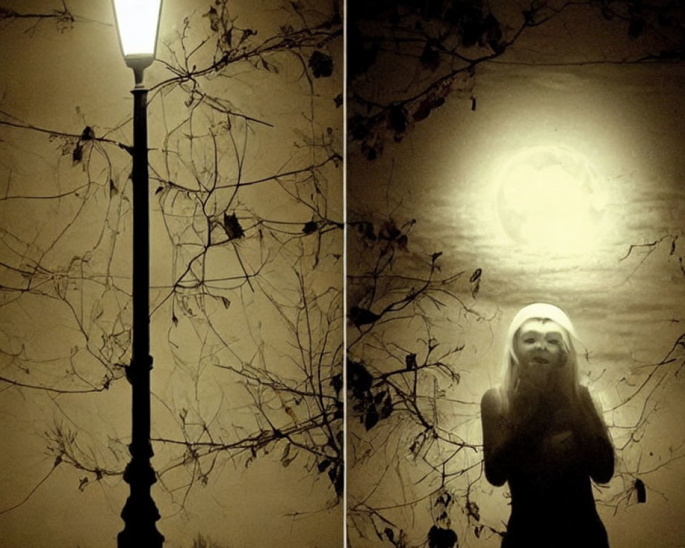 Glowing street lamp and woman under full moon in haunting diptych