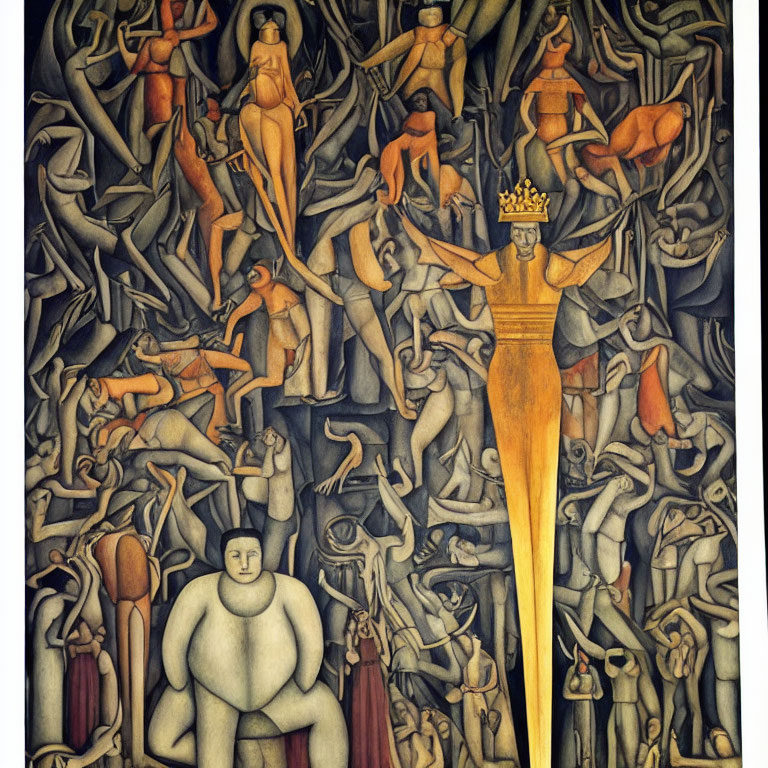 Stylized painting of human figures with tall crowned figure