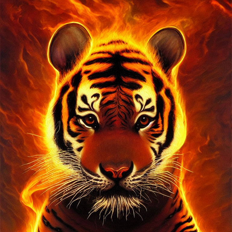 Vivid digital painting of a tiger's face against fiery background