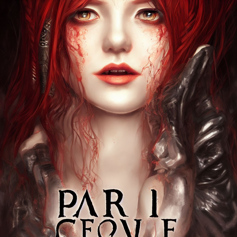 Fantasy character with red hair, fair skin, green eyes, blood-like details