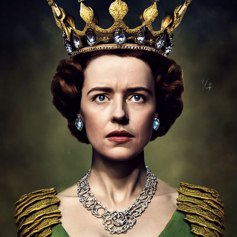 Regal woman in crown and formal attire gazing forward