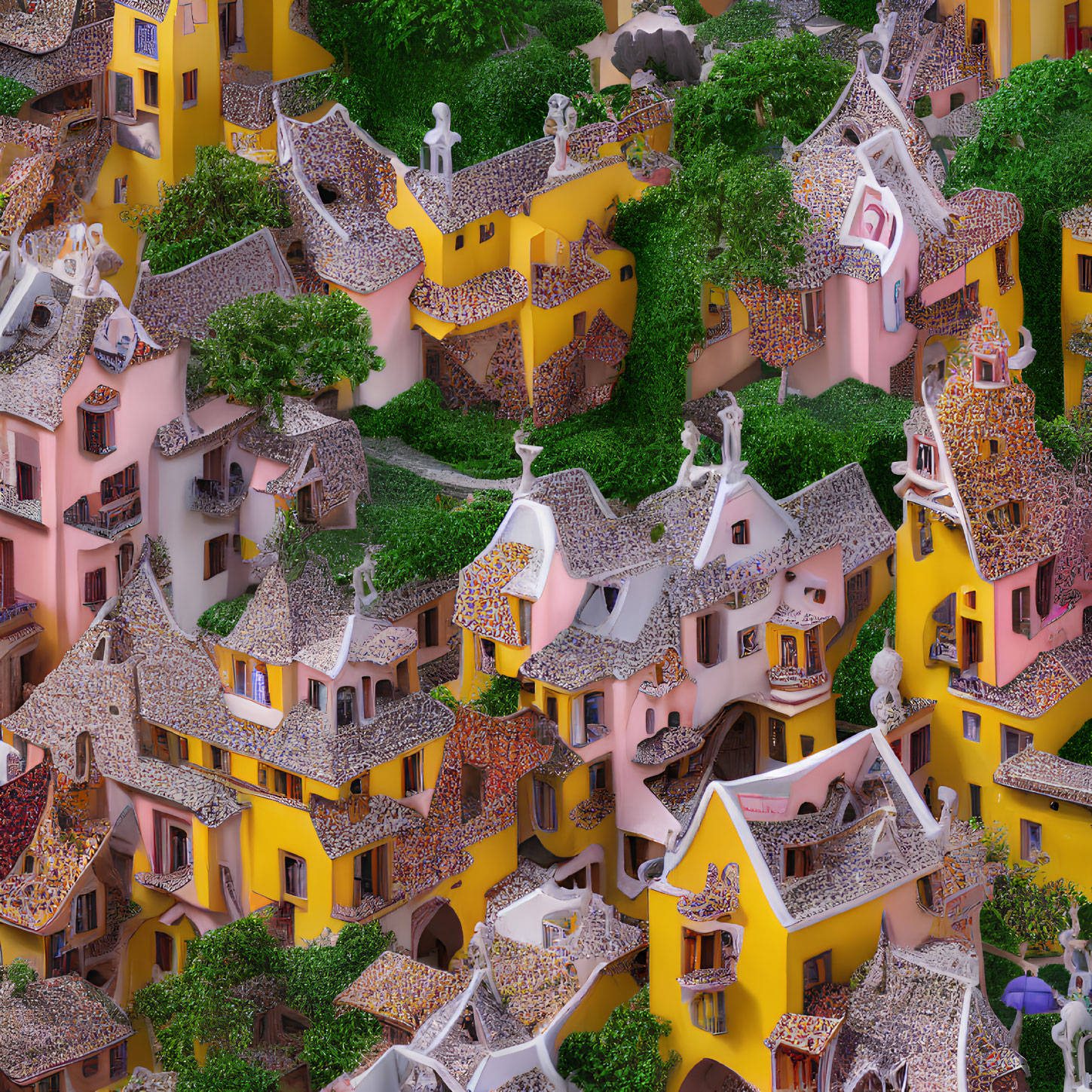 Colorful Illustration of Whimsical Houses with Trees in Pink and Yellow