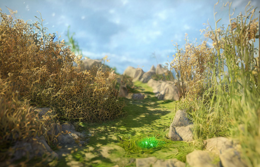 Tranquil nature scene: grassy path, rocks, wild shrubbery, cloudy sky