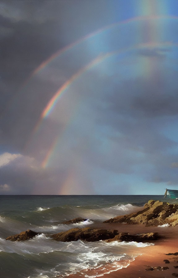 Vibrant double rainbow over stormy seascape