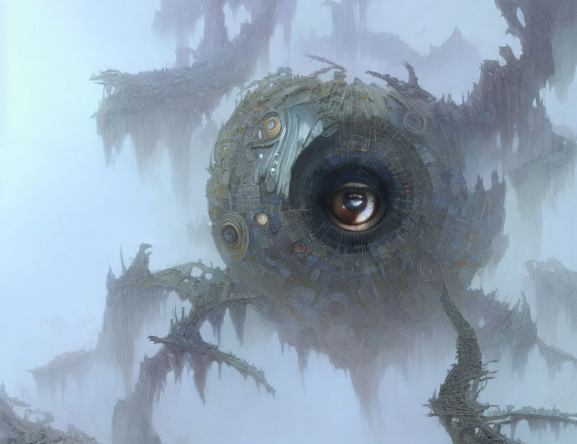 Mechanical eye in foggy, dystopian ruins and branches