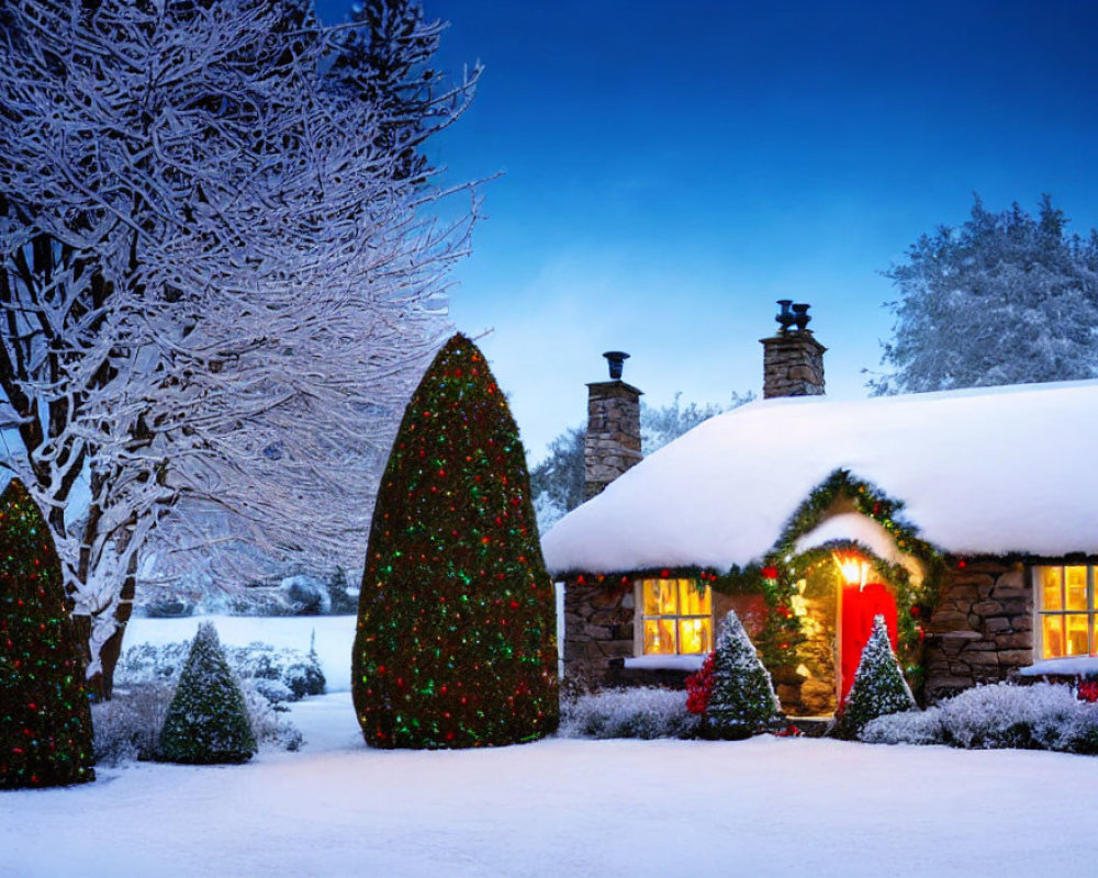 Snow-covered cottage with Christmas lights in twilight setting amid snow-dusted trees.