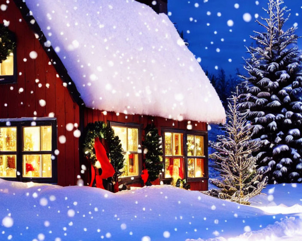 Snow-covered red cabin with warm lights in snowy landscape