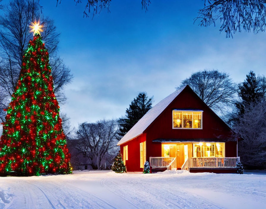 Warmly Lit House with Outdoor Christmas Tree in Snowy Twilight