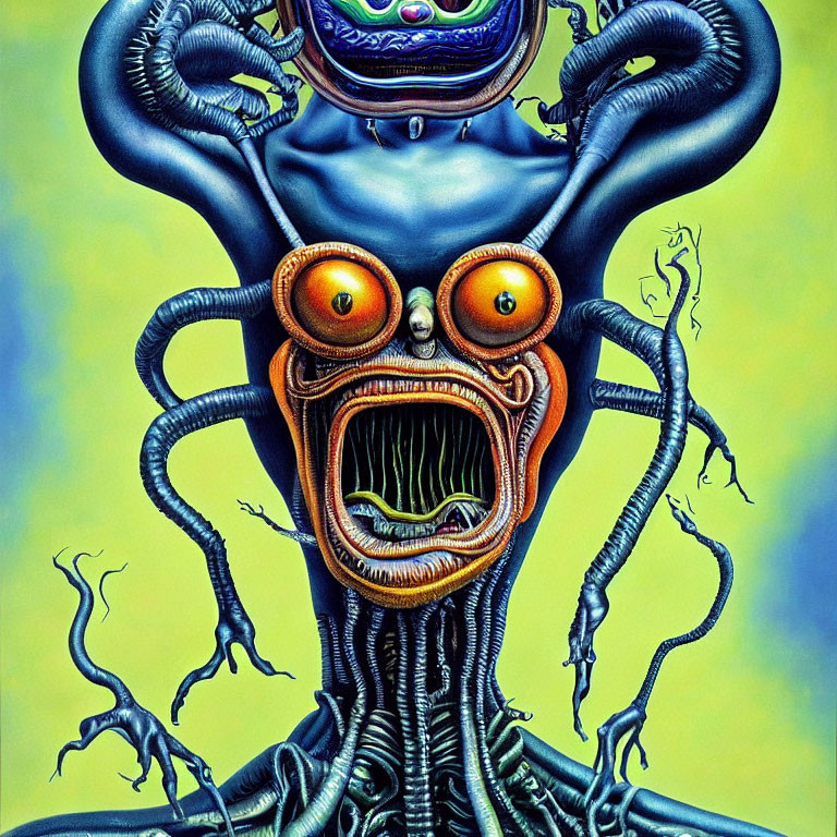 Colorful Surreal Artwork: Multi-eyed Creature with Tentacles and Electrical Elements on Yellow-Green