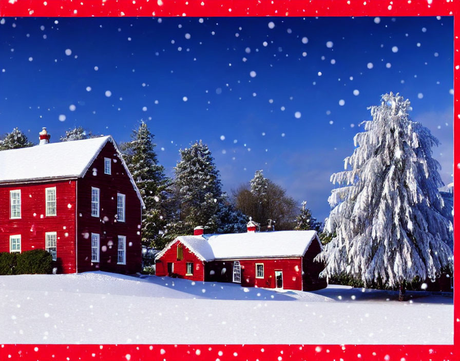 Red house and garage in snowy landscape with evergreen tree under blue sky