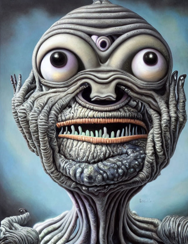 Surreal creature with layered folds, multiple eyes, and teeth in grey and purple