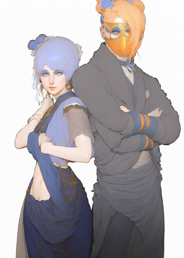 Stylized characters with blue and orange hair in fantasy-themed attire pose back-to-back