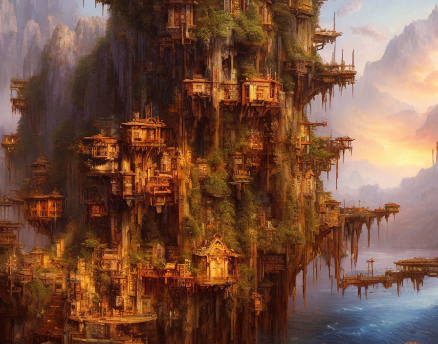 Majestic fantasy landscape with towering rock formations and elaborate wooden structures in golden sunlight.