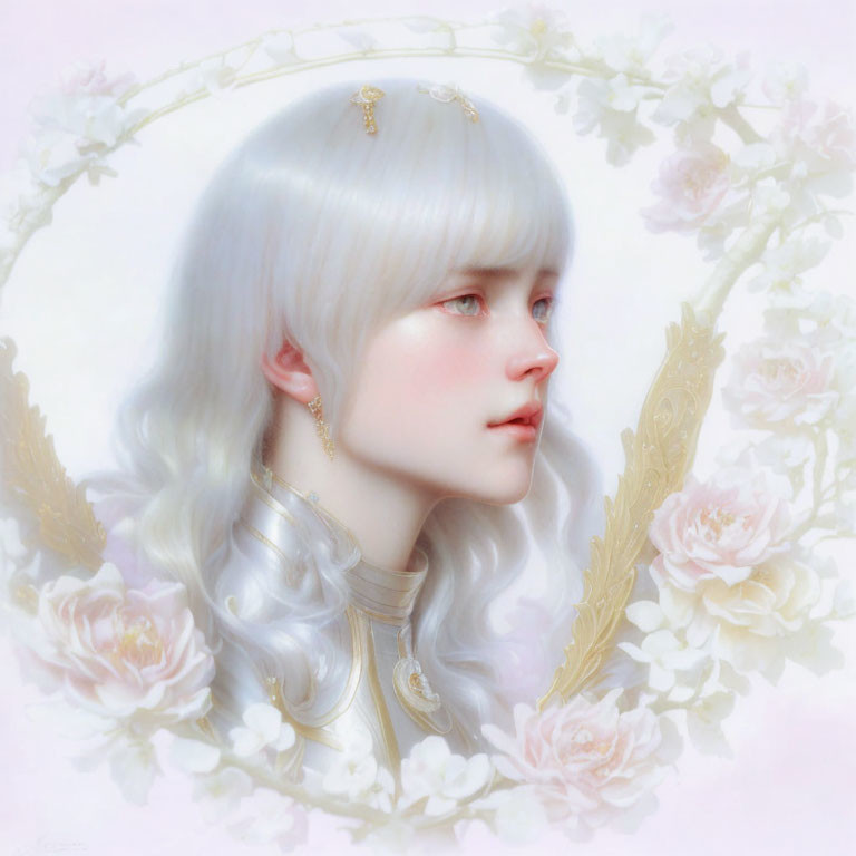 Fantasy female character with platinum blonde hair and golden jewelry in ornate frame