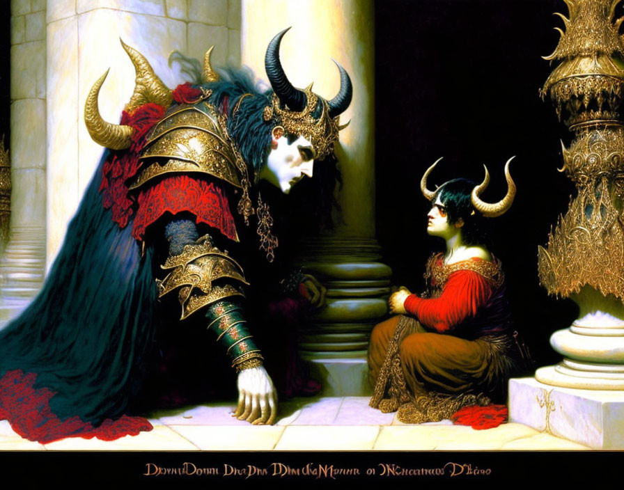 Fantastical illustration of two horned beings in regal attire conversing in opulent space