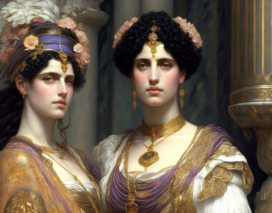 Two women in classical attire with ornate jewelry and marble columns.