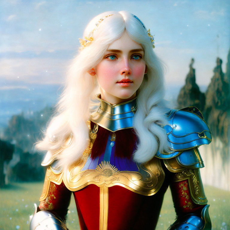 Medieval armor-clad woman with white hair in digital artwork