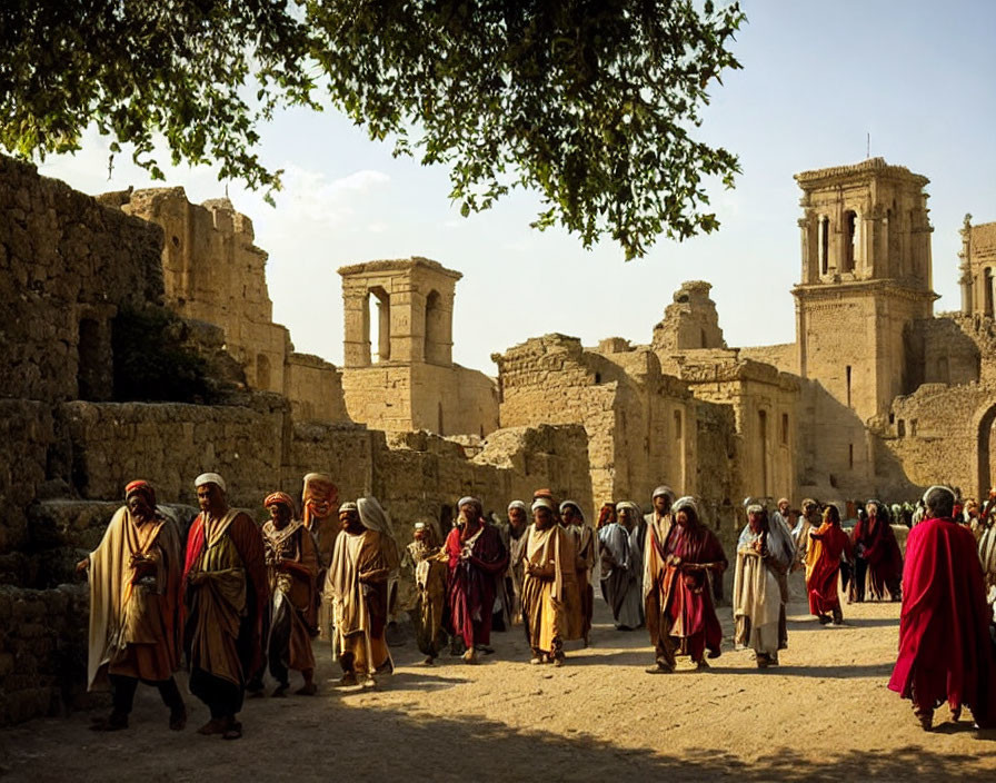 Group of People in Traditional Robes Walking Through Ancient Ruins