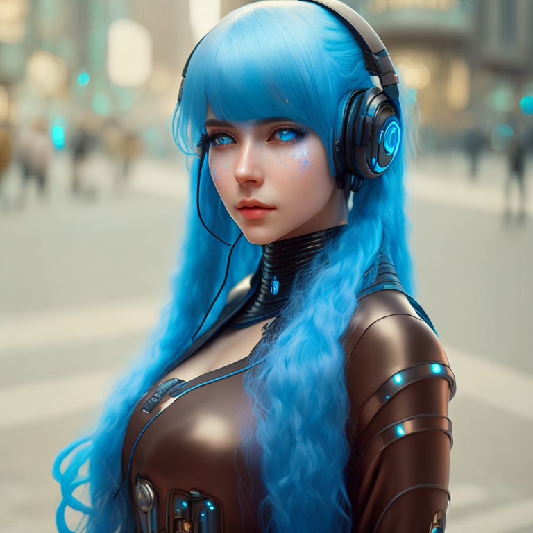 Futuristic digital artwork: Female character with bright blue hair and headphones in urban setting