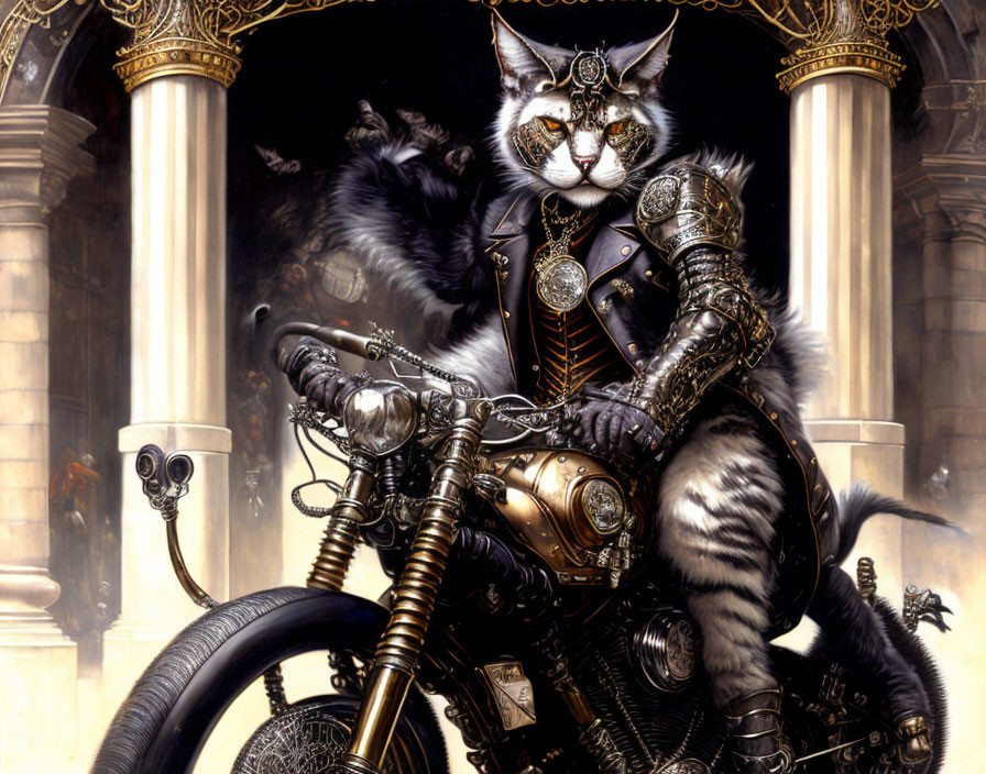 Anthropomorphic cat in steampunk armor on vintage motorcycle with mystical backdrop