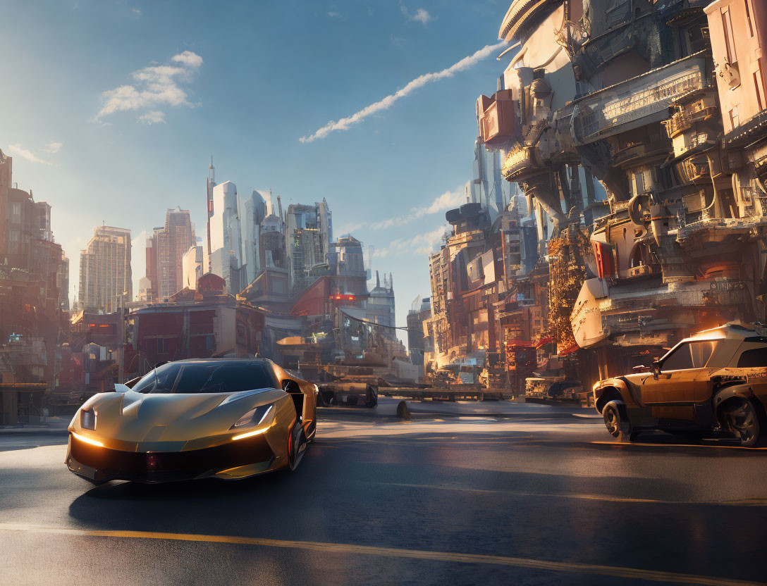 Futuristic cityscape at sunset with advanced architecture and sports cars