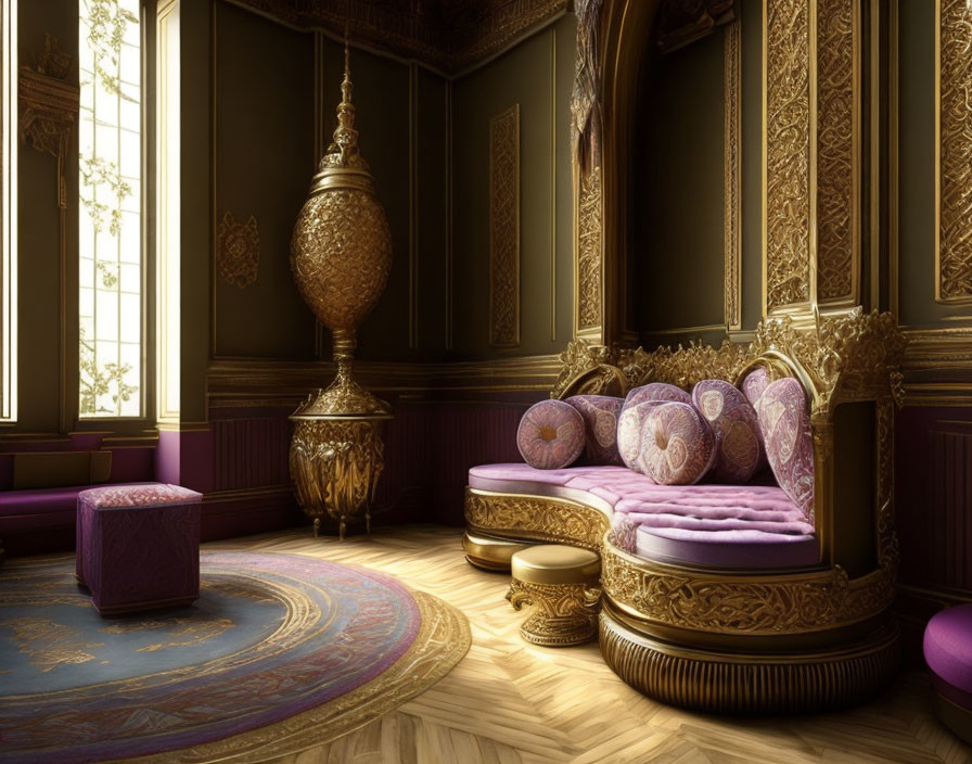 Luxurious Room with Golden Walls, Velvet Chaise Lounge, Gold Urn, and Patterned Rug