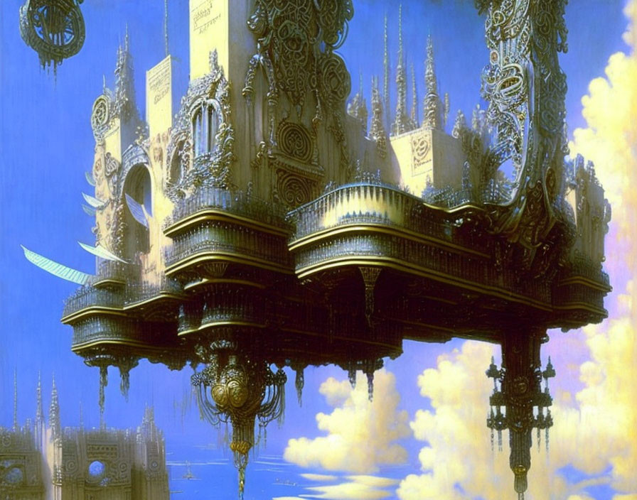 Intricate steampunk-inspired floating city with ornate towers and spires